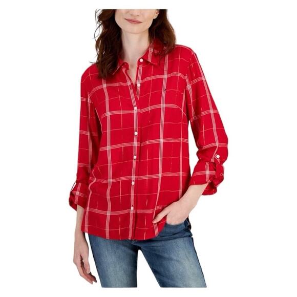 Tommy Hilfiger - Women's Plaid Roll-Tab Button-Down Shirt - Picture 1 of 13